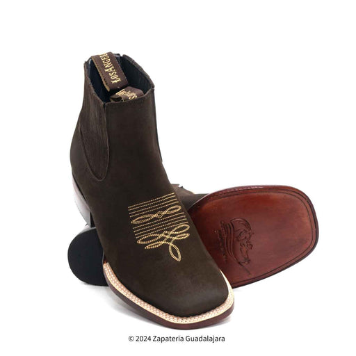 Brown ankle boots with gold embroidery on a white background