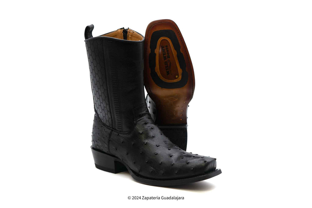 7 TOE FULL QUILL OSTRICH BLACK ZIPPER COWBOY BOOT -258BI0305