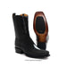 Black leather boot with brown heel on a white background