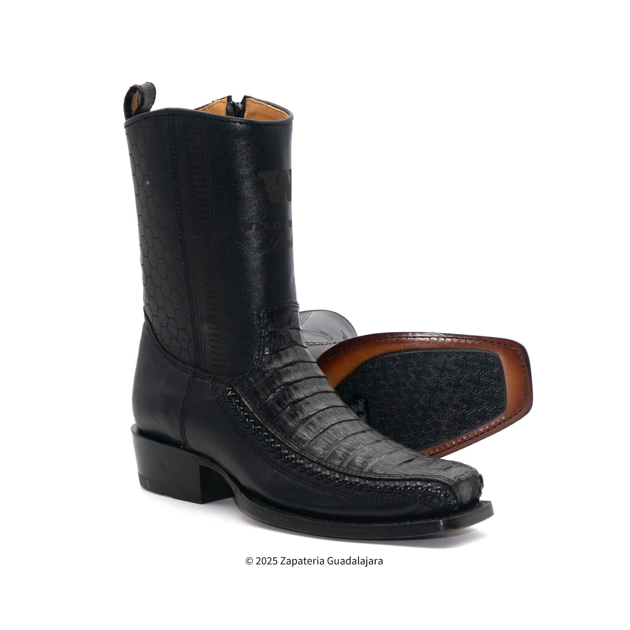 7 Toe Caiman Belly Black Leather Boot-257BFH8205 | Genuine Leather