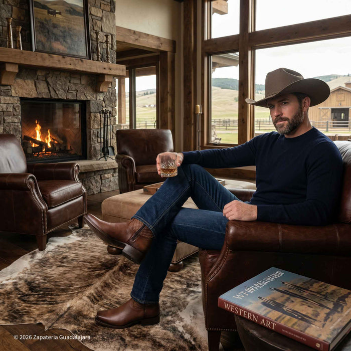 Man in cowboy hat sitting in a cozy living room with a fireplace and mountain view.