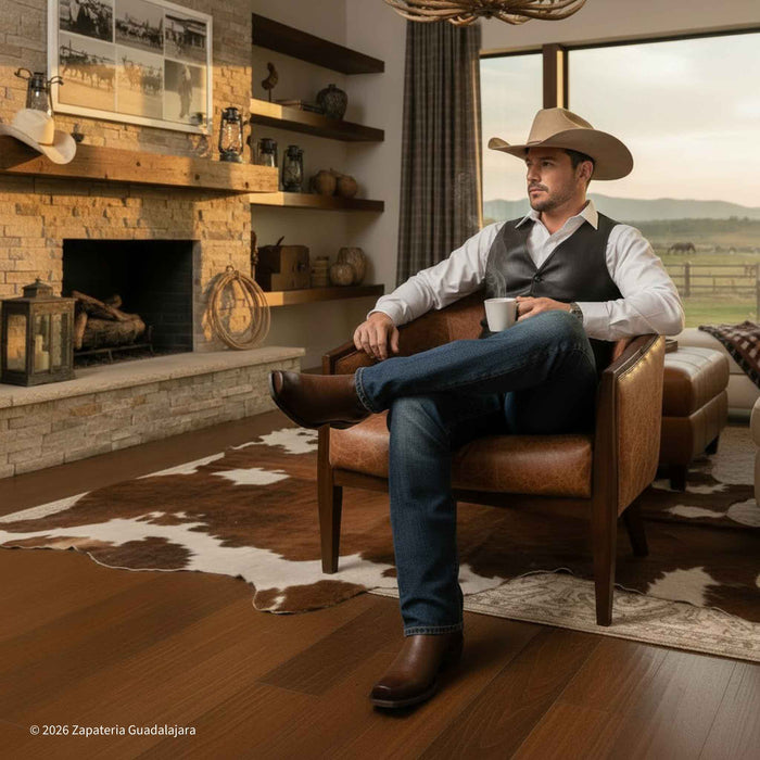 Man in cowboy hat sitting in a living room with a fireplace and scenic view.