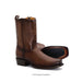 Brown leather boot with snake skin pattern on a white background