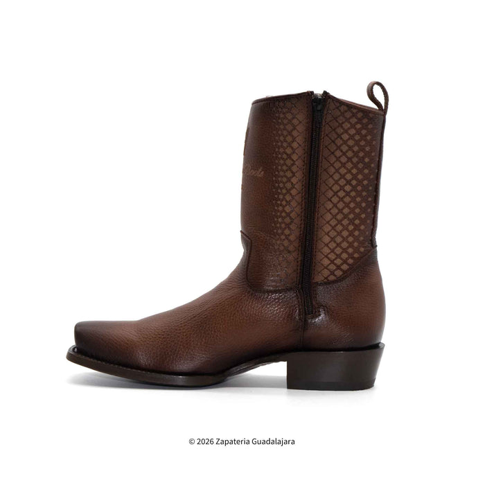 Brown leather boot with woven pattern on a white background