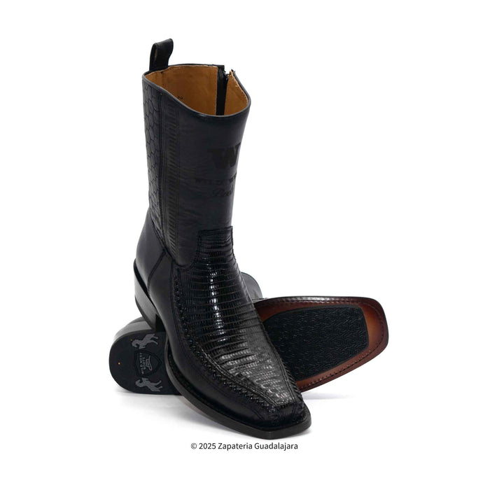 7 Toe Lizard Teju Black Leather Boot-257BFH0705