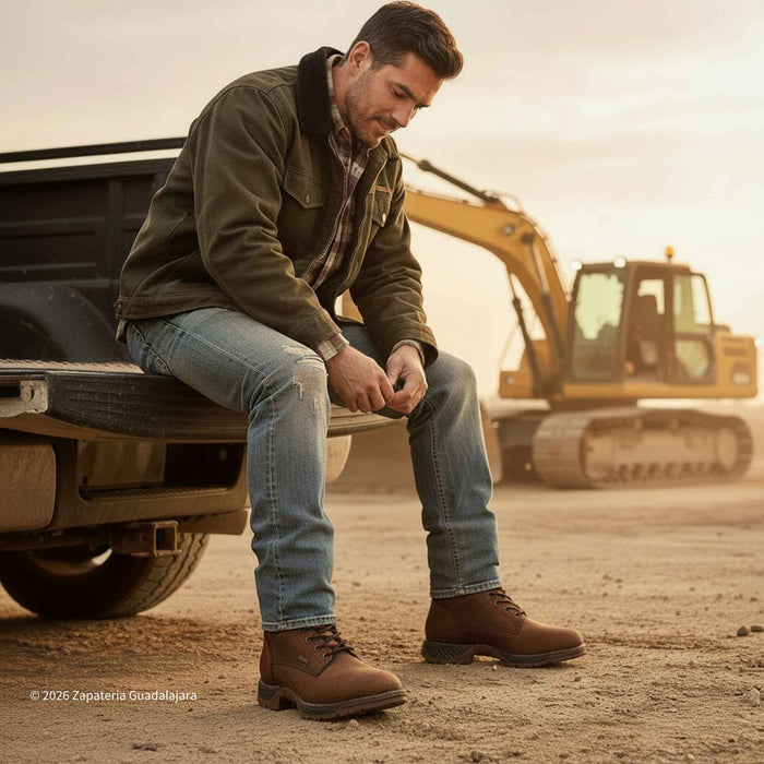 Man sitting on a truck bed with construction equipment in the background