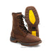 Brown leather boot with yellow sole on a white background