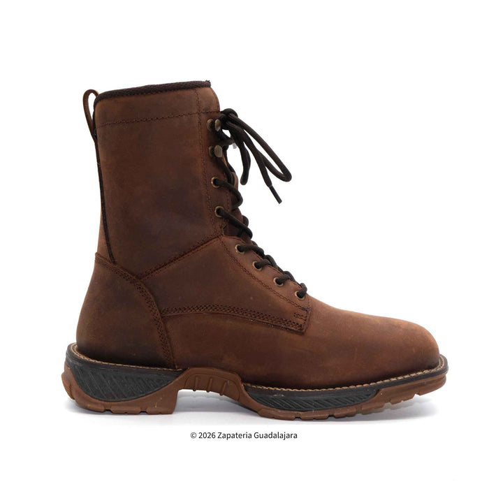 Brown leather boot with laces on a white background