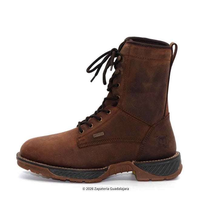 Brown leather boot with laces on a white background