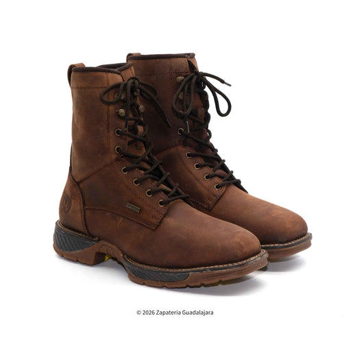 Pair of brown leather boots on a white background
