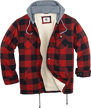 FLANNEL QUILTED SHERPA LINED JACKET/HOODED (RED/BLACK #1)