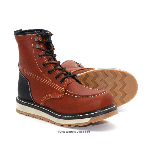 Brown leather work boots with black accents on a white background