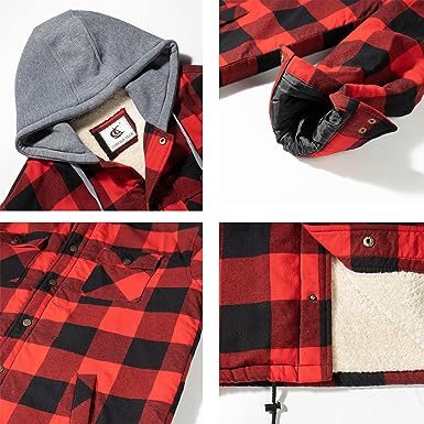 FLANNEL QUILTED SHERPA LINED JACKET/HOODED (RED/BLACK #1)