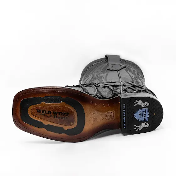 MEN'S WIDE SQUARE TOE PIRARUCU BLACK MATTE LEATHER BOOT