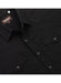 Black shirt with button details and a visible brand tag on a white background
