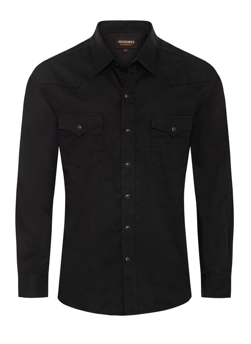 Black button-up shirt with two front pockets on a white background