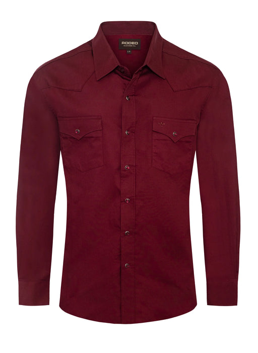 Red button-up shirt on a white background