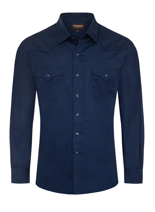 Navy blue shirt with two front pockets on a white background