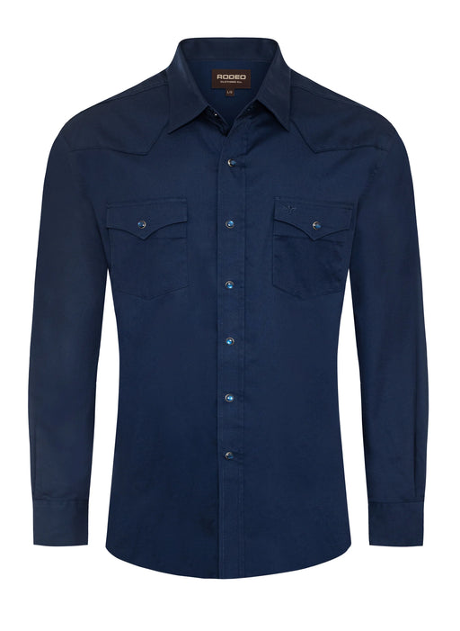 Navy blue shirt with two front pockets on a white background