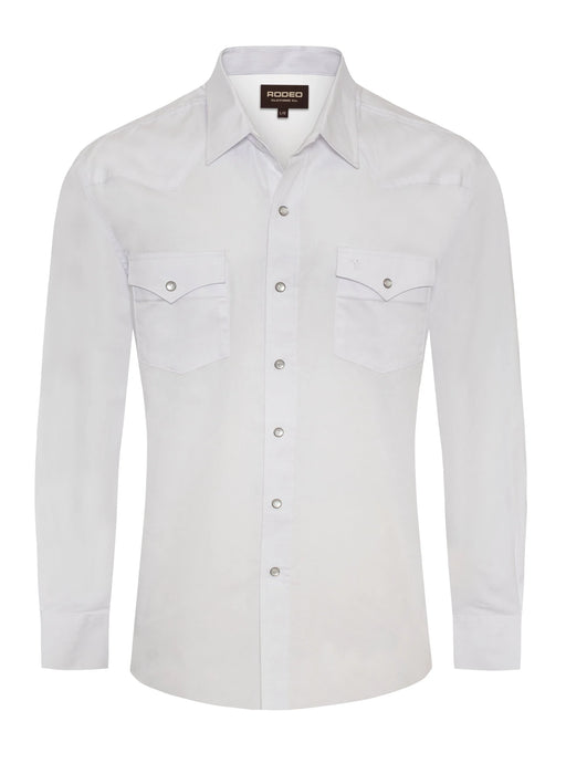white snap-up shirt with a brand label on a white background