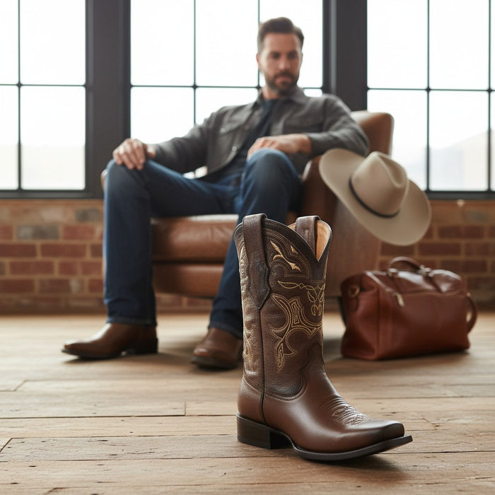 Man sitting on a leather chair with cowboy boots in the foreground
