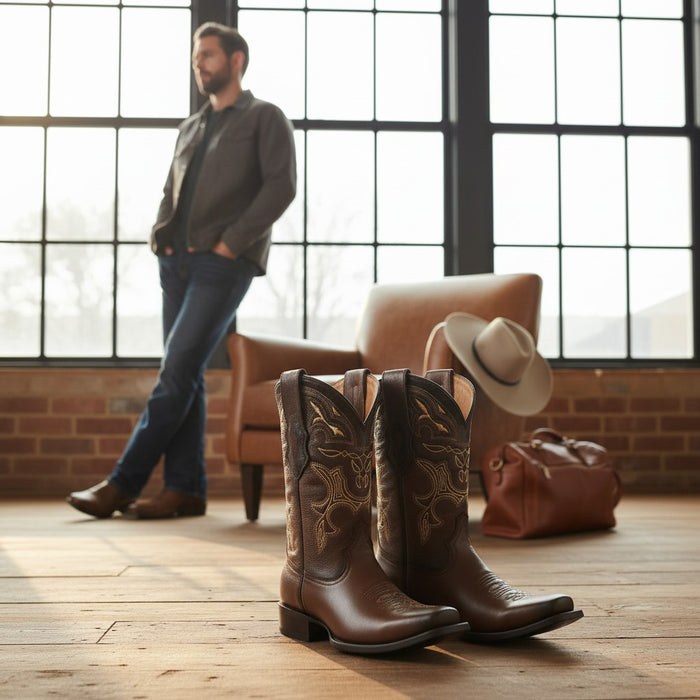 Brown cowboy boots on a wooden floor with a man and chair in the background.