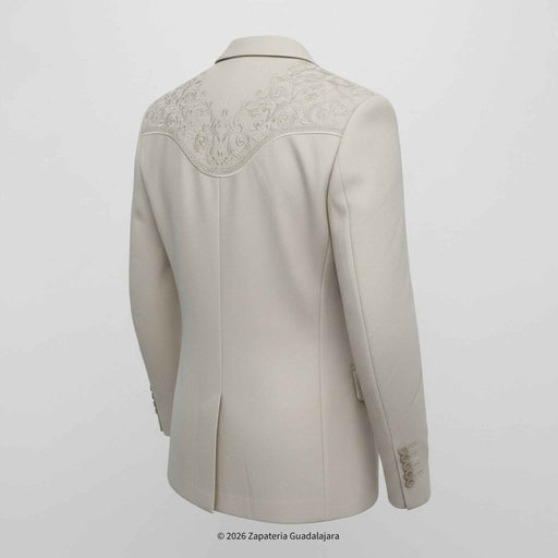 Beige equestrian jacket with floral embroidery on a light gray background