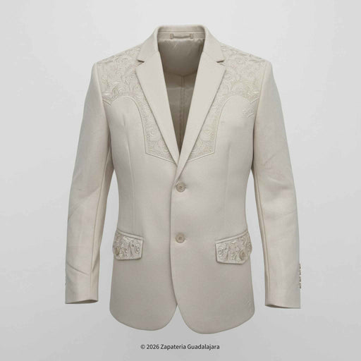 Beige blazer with lace detailing on a light gray background