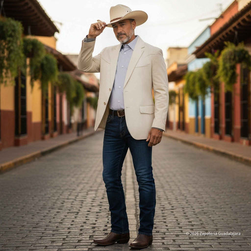 A man wearing a cream-colored blazer, light blue dress shirt, dark blue jeans, brown boots, and a beige cowboy hat stands on a cobblestone street in a town setting.