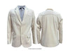 A light beige western-style blazer shown from both the front and back views, styled over a light blue dress shirt and black tie on a white background.