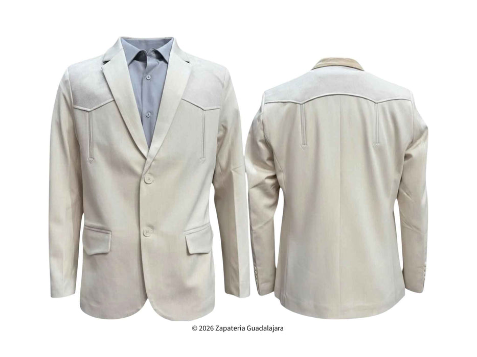 A light beige western-style blazer shown from both the front and back views, styled over a light blue dress shirt and black tie on a white background.