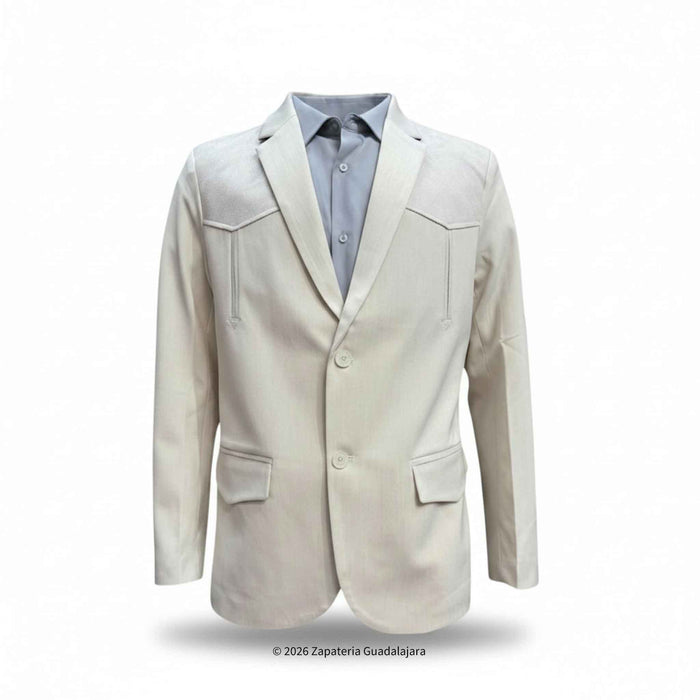 A light beige or cream-colored men's blazer jacket with a two-button front, notched lapels, and flap pockets, styled over a light blue dress shirt on a white background.
