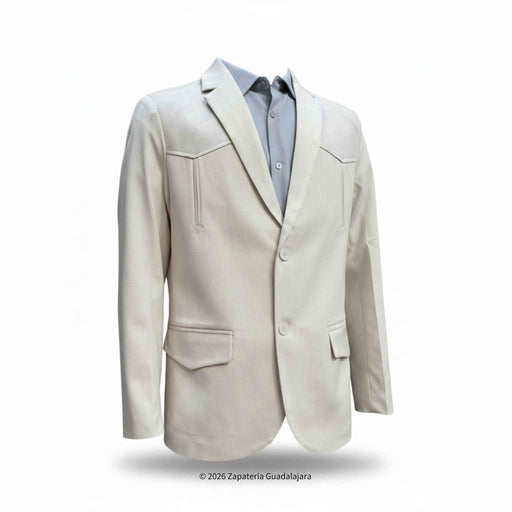 A light beige western-style blazer jacket displayed on a headless mannequin torso, layered over a light blue dress shirt, against a plain white background.
