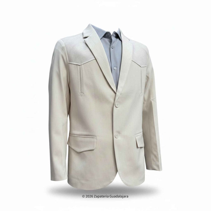 A light beige western-style blazer jacket displayed on a headless mannequin torso, layered over a light blue dress shirt, against a plain white background.