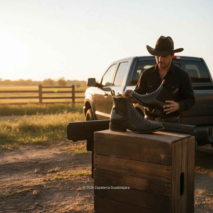 a pair fo cayman belly black leather boots with a cowboy with ahat in the background
