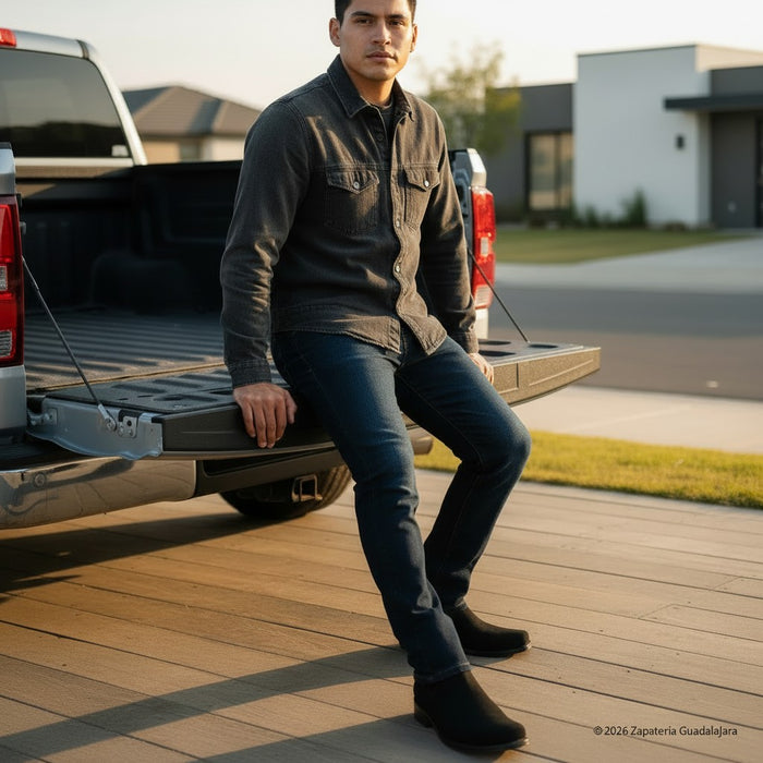 A man wearing a dark charcoal denim button-up shirt and dark blue jeans leans against the tailgate of a pickup truck on a wooden deck. The background shows a suburban street and house in warm golden hour light.
