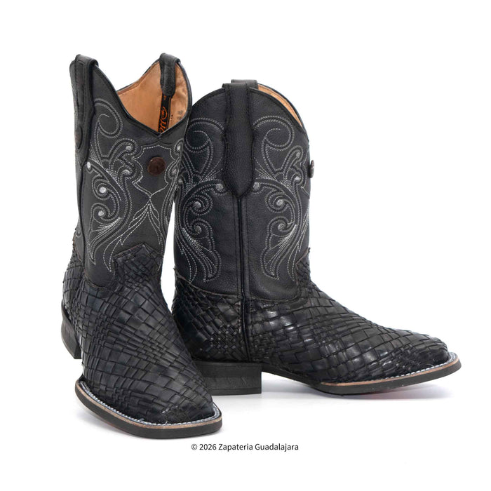A pair of black western cowboy boots with a crocodile-embossed texture on the lower shaft and foot, featuring white embroidered scrollwork on the upper shafts, shown against a plain white background.