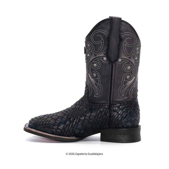 A single black western cowboy boot with a crocodile-embossed textured toe and silver embroidered scrollwork on the shaft, shown against a plain white background.
