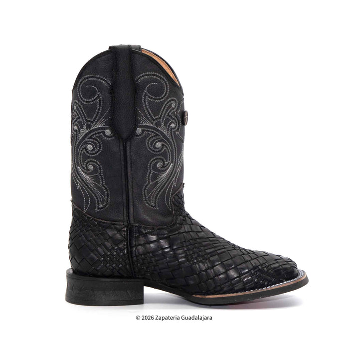 Bota vaquera color negro en piel tejido petatillo con suela de hule-H52P0510