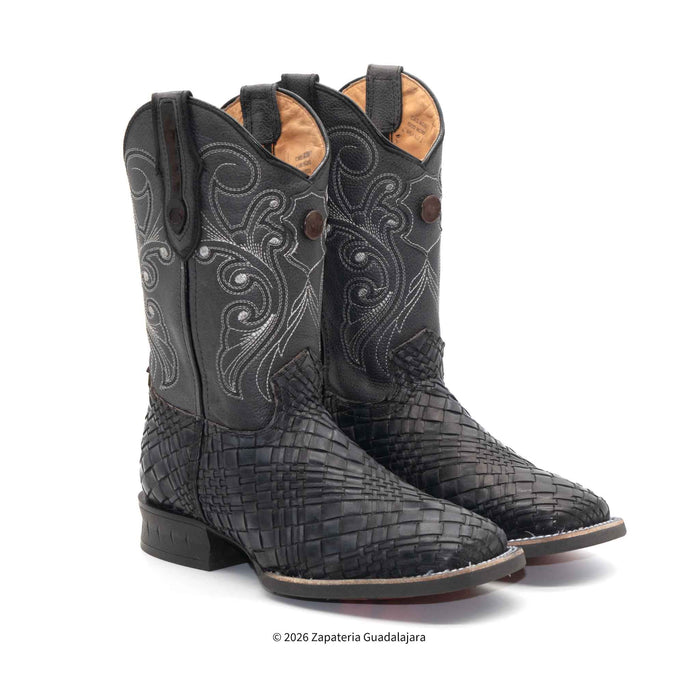 A pair of black western cowboy boots with textured woven leather and white embroidered scrollwork on the shafts, shown against a plain white background.