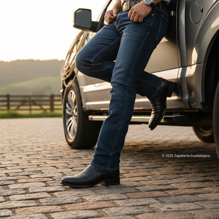 A man wearing dark blue jeans and black leather chukka boots leans against the side of a silver pickup truck on a cobblestone road during golden hour, with a blurred rural landscape in the background.