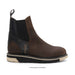 Brown Chelsea boot with black elastic side on a white background