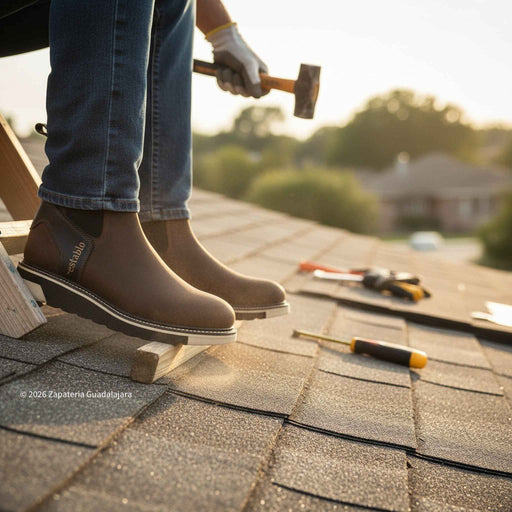 Person on a roof wearing brown boots with tools around, likely repairing or installing shingles.