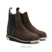 Pair of brown leather boots with black accents on a white background