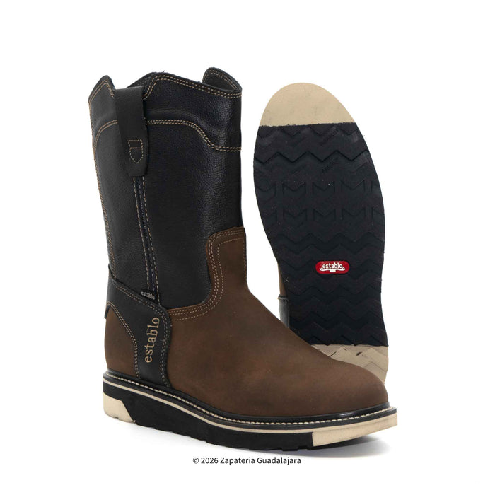 Brown and black boot with a visible brand logo on a white background