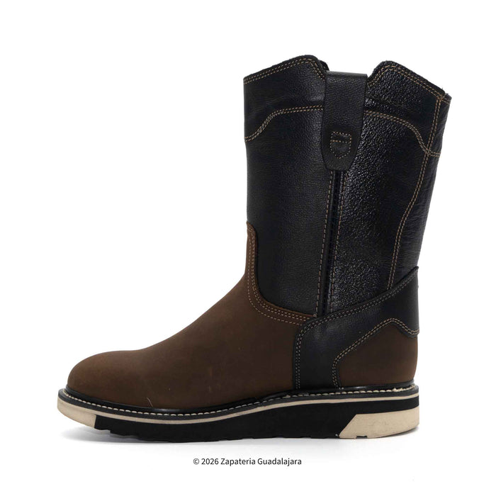 Brown and black boot on a white background