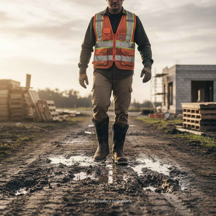 Person wearing a high-visibility vest and boots on a construction site
