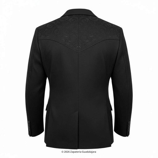 Black jacket with embroidered details on a white background