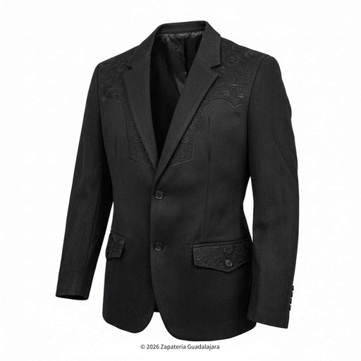 Black blazer with decorative patterns on a white background