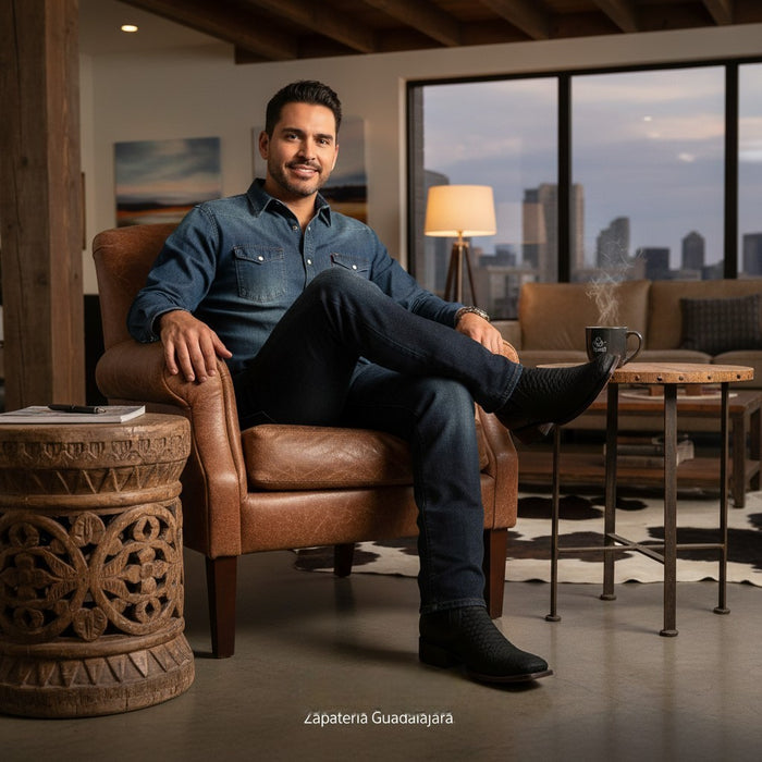 Man sitting on a brown leather chair in a modern living room with cityscape view.
